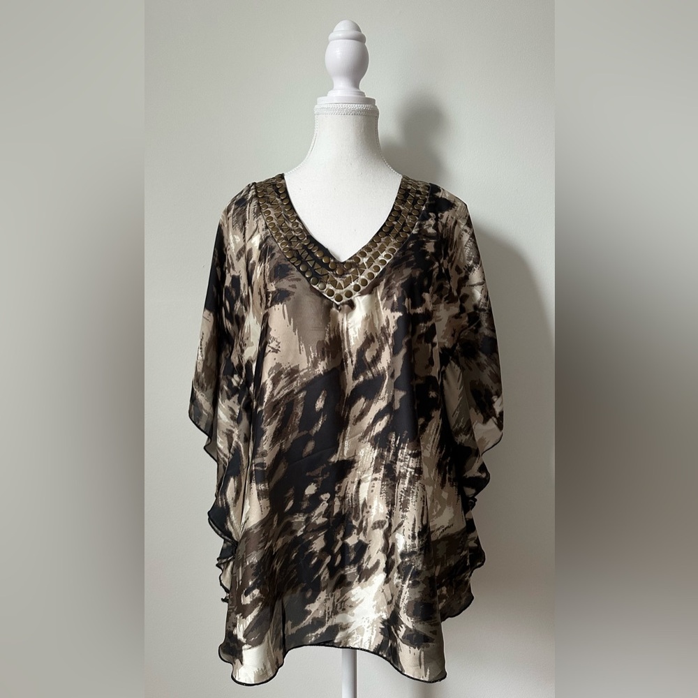 SUZY SHIER Animal Print Studded Y2K Butterfly Sleeve Blouse Size L